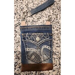 Homemade Cowboy Jean Handbag w/keychain Rhinestones & Leather 5‎ Pockets